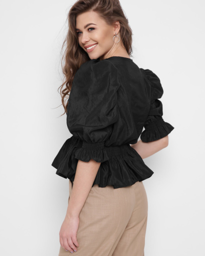 Чорна блузка з рюшами 43320, Колір: Чорний, Розмір: M, зображення 5