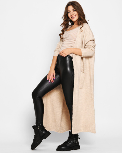 Длинный вязаный бежевый кардиган 51376, Цвет: Бежевый, Размер: ONE SIZE, изображение 2