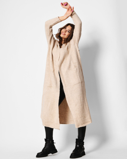 Длинный вязаный бежевый кардиган 51376, Цвет: Бежевый, Размер: ONE SIZE, изображение 4