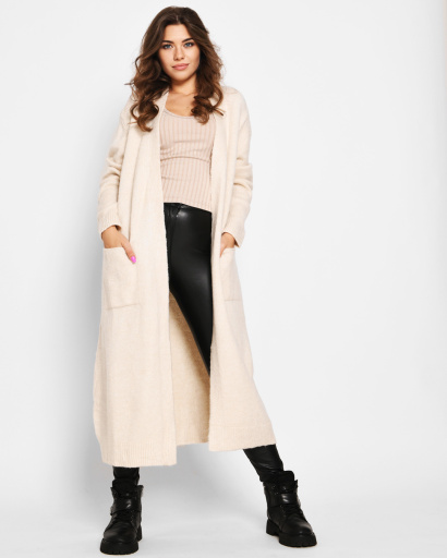 Довгий в'язаний молочний кардиган 51378, Колір: Молочний, Розмір: ONE SIZE, зображення 3