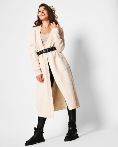 Довгий в'язаний молочний кардиган 51378, Колір: Молочний, Розмір: ONE SIZE, зображення 5