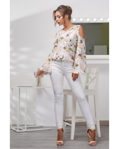 Блузка в квіточку з відкритими плечима 27396, Колір: Молочний, Розмір: XS, зображення 2