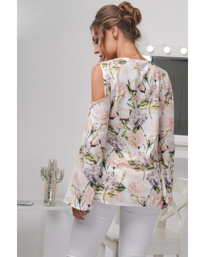 Блузка в квіточку з відкритими плечима 27396, Колір: Молочний, Розмір: XS, зображення 3