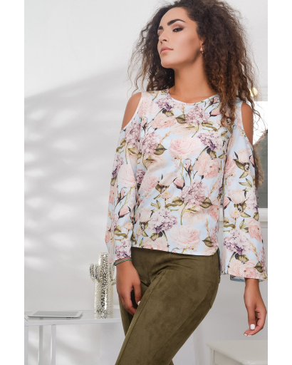 Блузка в цветочек с открытыми плечами 27397, Цвет: Голубой, Размер: S, изображение 2