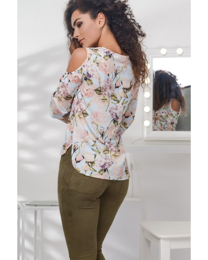 Блузка в цветочек с открытыми плечами 27397, Цвет: Голубой, Размер: S, изображение 3