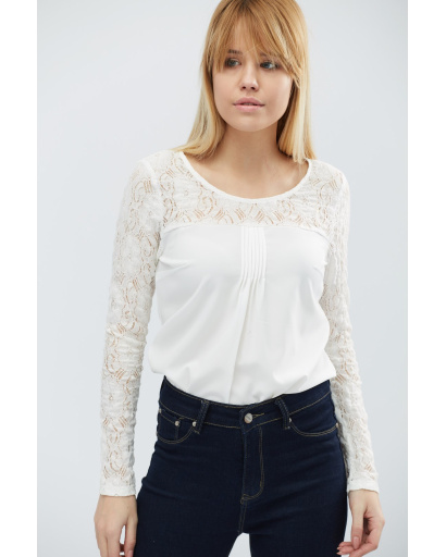 Молочная блуза с гипюровыми рукавами 27445, Цвет: Молочний, Размер: XS, изображение 2