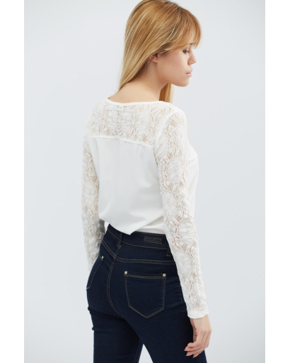 Молочная блуза с гипюровыми рукавами 27445, Цвет: Молочний, Размер: XS, изображение 4