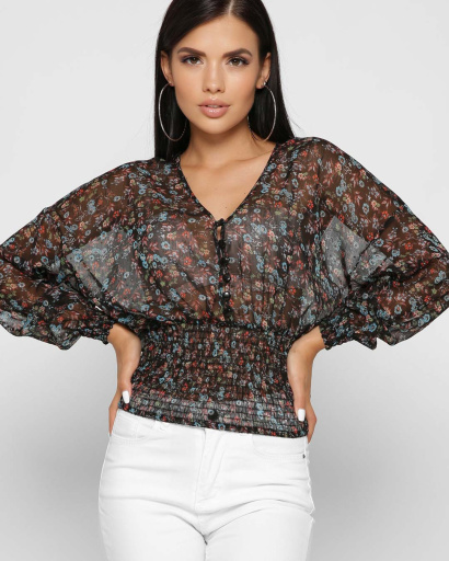 Шифонова жіноча блуза на резинці колір чорний 37387, Колір: Чорний, Розмір: XS, зображення 3