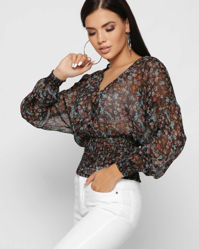 Шифонова жіноча блуза на резинці колір чорний 37387, Колір: Чорний, Розмір: XS, зображення 4