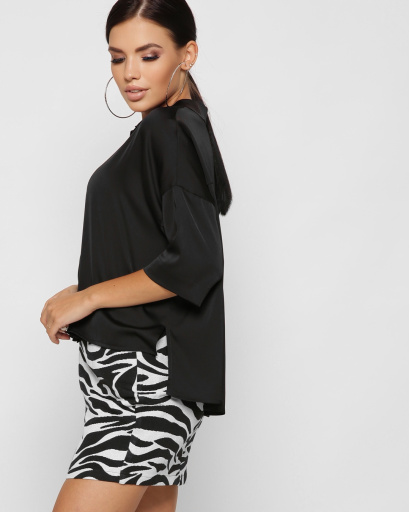 Шовкова чорна блузка з кишенею 37392, Колір: Чорний, Розмір: XS, зображення 2