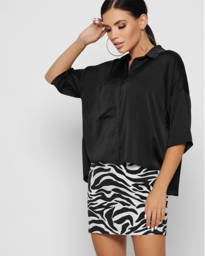 Шовкова чорна блузка з кишенею 37392, Колір: Чорний, Розмір: XS, зображення 3