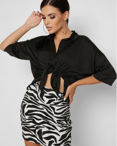 Шовкова чорна блузка з кишенею 37392, Колір: Чорний, Розмір: XS, зображення 5