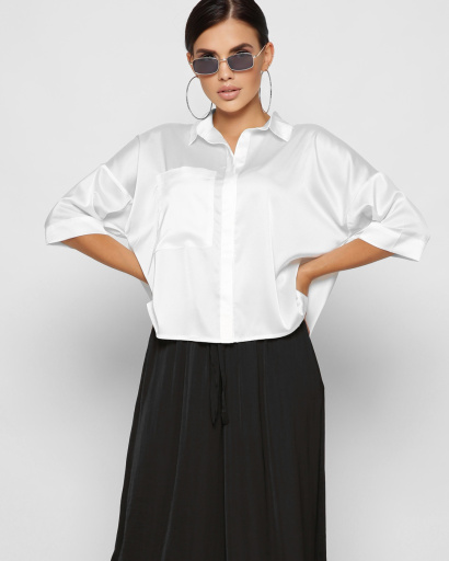 Шовкова біла блузка з кишенею 37393, Колір: Білий, Розмір: L, зображення 2