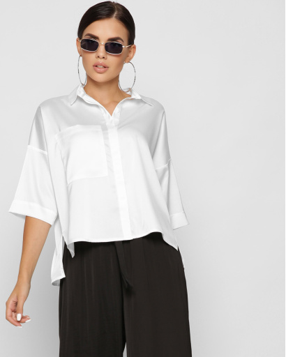 Шовкова біла блузка з кишенею 37393, Колір: Білий, Розмір: L, зображення 8