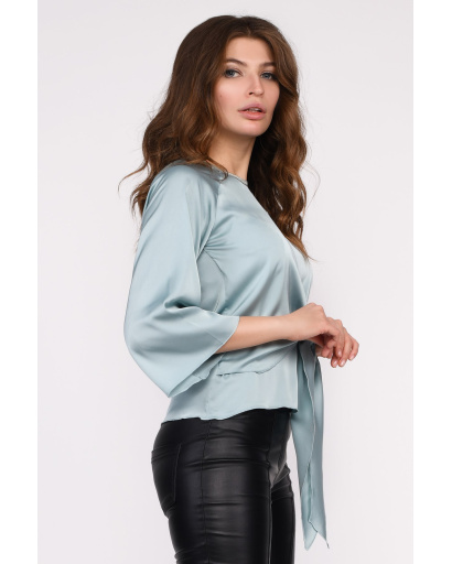 Стильная мятная блузка из шелка с завязкой 35056, Цвет: Мята, Размер: XS, изображение 2