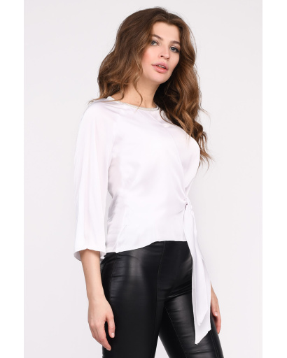 Стильная белая блузка из шелка с завязкой 35058, Цвет: Белый, Размер: XS, изображение 2