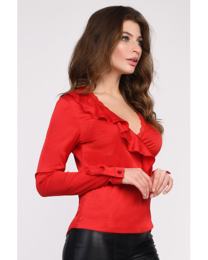 Червона шовкова блуза 35060, Колір: Червоний, Розмір: XS, зображення 2