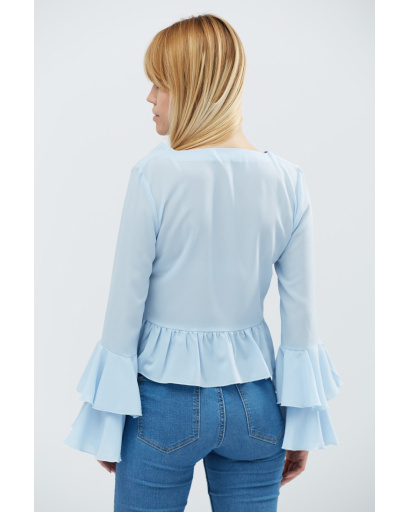 Однотонная голубая блузка с рюшами 27401, Цвет: Голубой, Размер: S, изображение 3