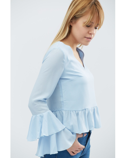 Однотонная голубая блузка с рюшами 27401, Цвет: Голубой, Размер: S, изображение 4