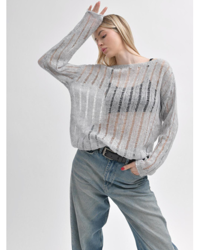 Жіночий прозорий светр з ажурною в’язкою 55965, Колір: Сірий, Розмір: ONE SIZE, зображення 2