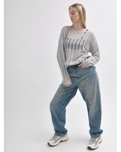 Жіночий прозорий светр з ажурною в’язкою 55965, Колір: Сірий, Розмір: ONE SIZE, зображення 4