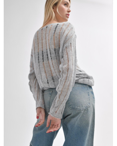 Жіночий прозорий светр з ажурною в’язкою 55965, Колір: Сірий, Розмір: ONE SIZE, зображення 5