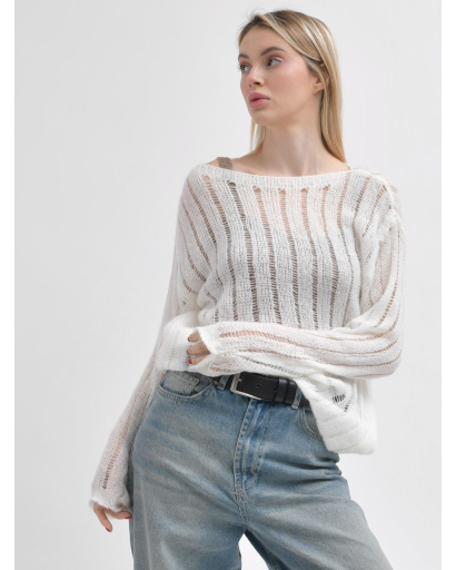 Жіночий прозорий светр з ажурною в’язкою 55966, Колір: Молочний, Розмір: ONE SIZE, зображення 2