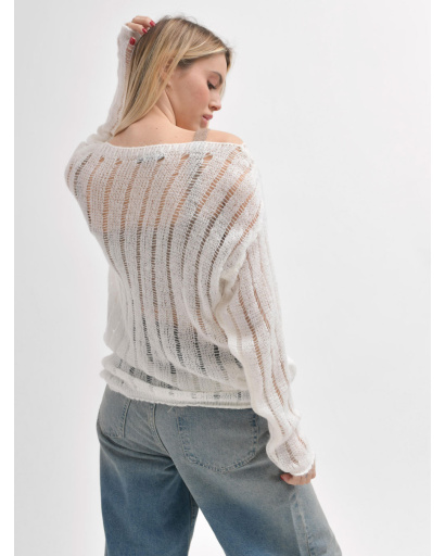 Жіночий прозорий светр з ажурною в’язкою 55966, Колір: Молочний, Розмір: ONE SIZE, зображення 5