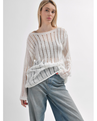 Жіночий прозорий светр з ажурною в’язкою 55966, Колір: Молочний, Розмір: ONE SIZE, зображення 6