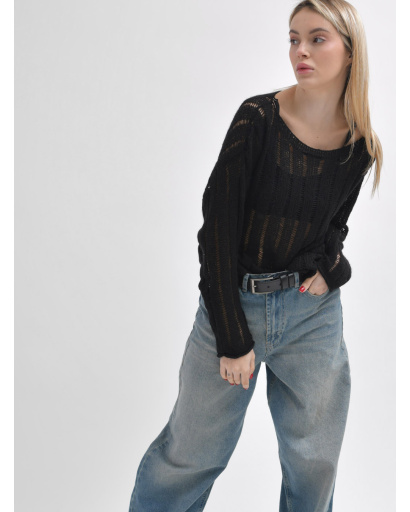 Жіночий прозорий светр з ажурною в’язкою 55967, Колір: Чорний, Розмір: ONE SIZE, зображення 2