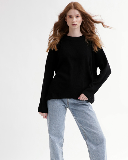 Легкий чорний светр фактурної вʼязки 55760, Колір: Чорний, Розмір: ONE SIZE, зображення 2