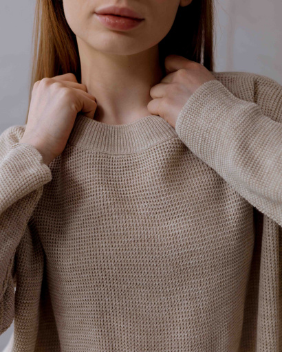 Легкий базовий светр фактурної вʼязки 55762, Колір: Бежевий, Розмір: ONE SIZE, зображення 5