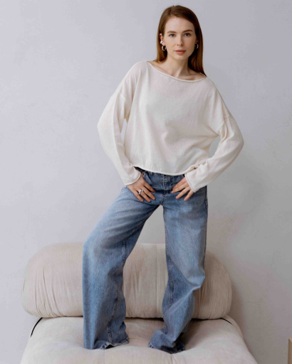 Лёгкий вязаный молочный свитер свободного кроя 55975, Цвет: Молочний, Размер: ONE SIZE, изображение 7