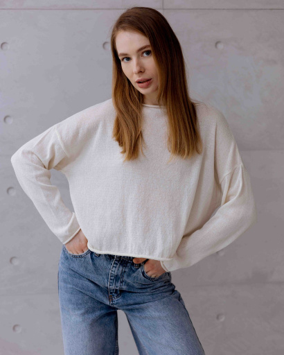 Лёгкий вязаный молочный свитер свободного кроя 55975, Цвет: Молочний, Размер: ONE SIZE, изображение 2