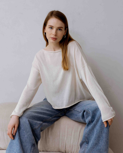 Лёгкий вязаный молочный свитер свободного кроя 55975, Цвет: Молочний, Размер: ONE SIZE, изображение 5