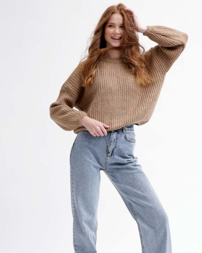 Женский бежевый свитер Oversize 55766, Цвет: Бежевый, Размер: ONE SIZE, изображение 2