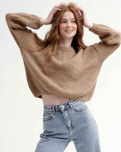 Женский бежевый свитер Oversize 55766, Цвет: Бежевый, Размер: ONE SIZE, изображение 3