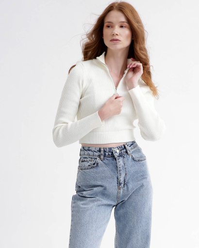 Вʼязаний білий светр на блискавці 55789, Колір: Білий, Розмір: ONE SIZE, зображення 2