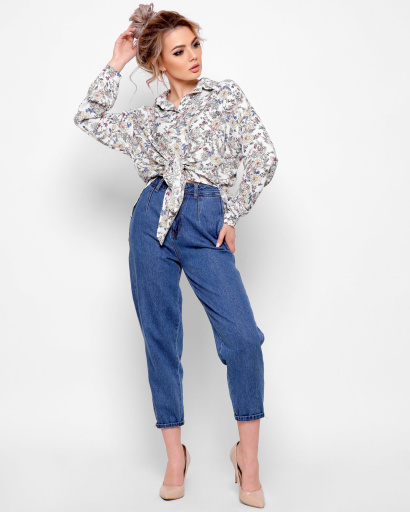 Вільна молочна сорочка в квіточку 41029, Колір: Молочний, Розмір: XS, зображення 4