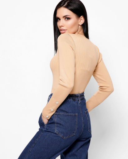 Трикотажний светр із v-подібним вирізом колір пісок 36864, Колір: Кемел, Розмір: ONE SIZE, зображення 3