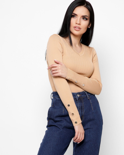 Трикотажний светр із v-подібним вирізом колір пісок 36864, Колір: Кемел, Розмір: ONE SIZE, зображення 4