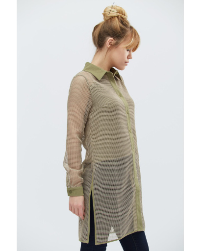 Длинная женская рубашка хаки в сеточку 27413, Цвет: Хаки, Размер: L, изображение 5