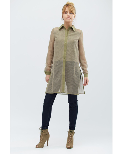 Длинная женская рубашка хаки в сеточку 27413, Цвет: Хаки, Размер: L, изображение 2