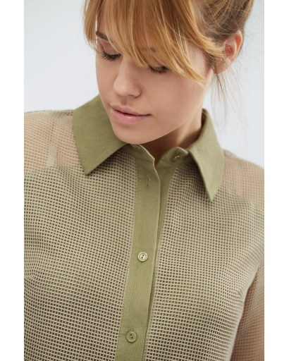 Длинная женская рубашка хаки в сеточку 27413, Цвет: Хаки, Размер: L, изображение 3