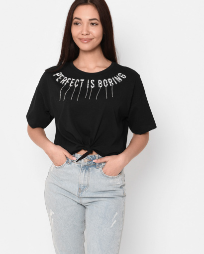 Женская черная футболка Standart на завязке Perfect is boring 57892, Цвет: Черный, Размер: M, изображение 2