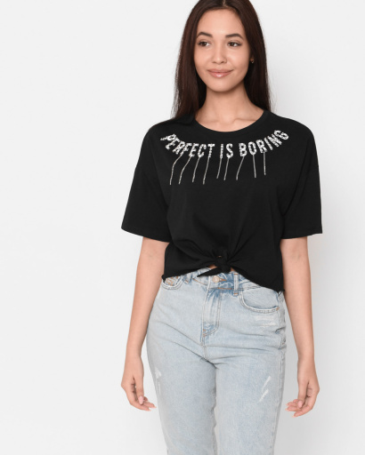 Женская черная футболка Standart на завязке Perfect is boring 57892, Цвет: Черный, Размер: M, изображение 3