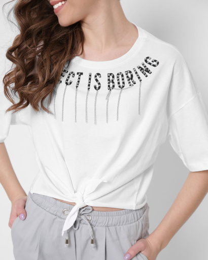 Жіноча біла футболка Standart на зав'язці Perfect is boring 57894, Колір: Білий, Розмір: S, зображення 3