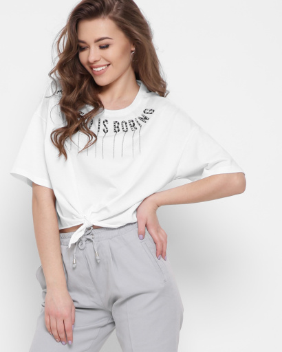 Жіноча біла футболка Standart на зав'язці Perfect is boring 57894, Колір: Білий, Розмір: S, зображення 4