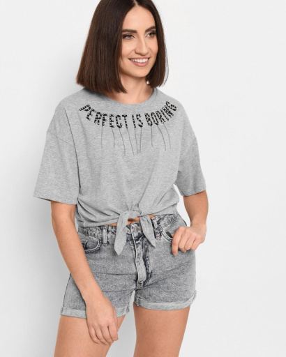 Женская серая футболка Standart на завязке Perfect is boring 57895, Цвет: Серый, Размер: L, изображение 2