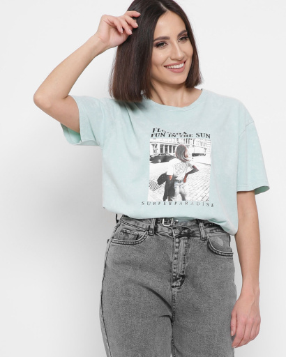 Жіноча м`ятна футболка Standart з написом Florida і малюнком дівчини 57876, Колір: М'ята, Розмір: L, зображення 2